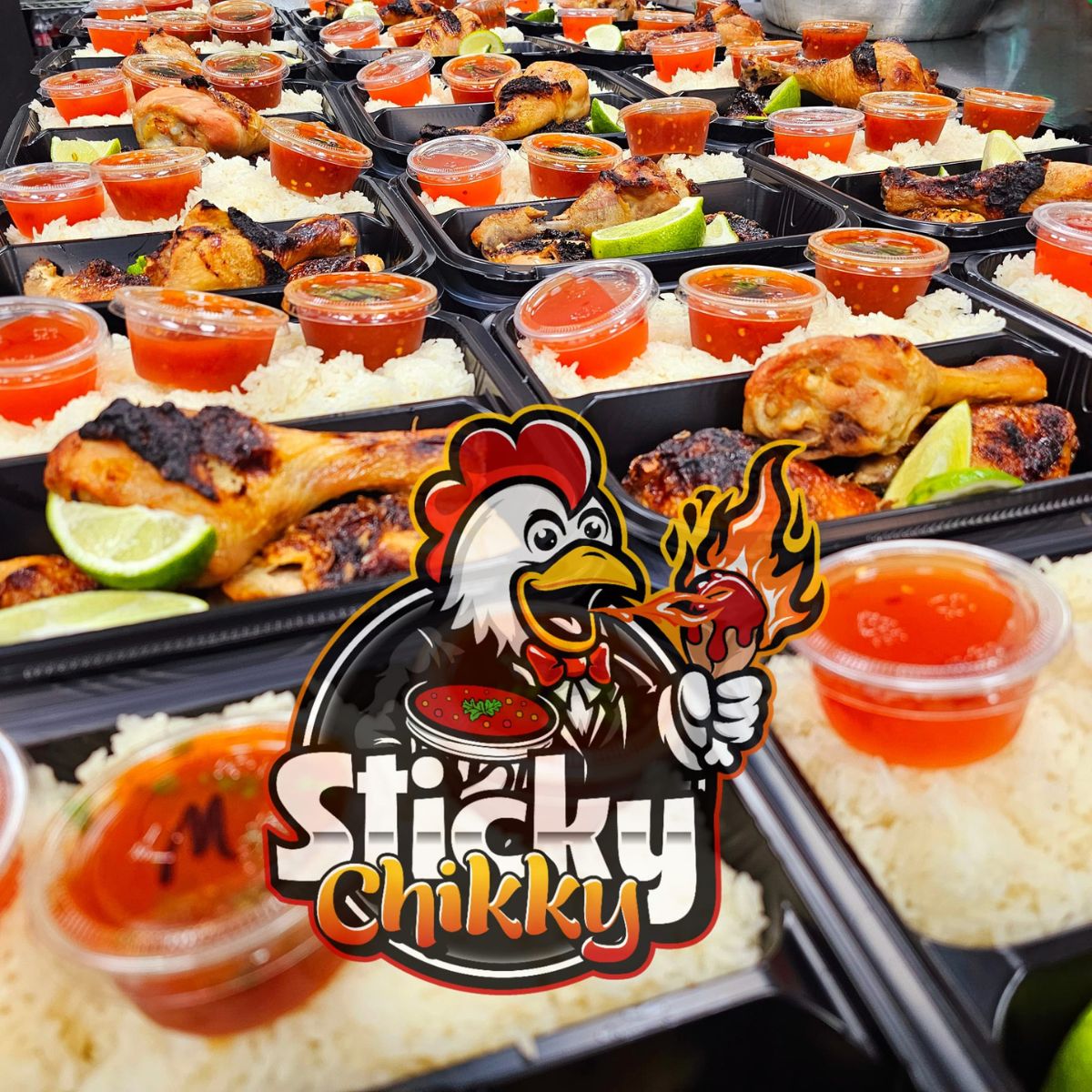 Rows of Sticky Chikky catering meal trays filled with glazed chicken, sticky rice, sauce cups, and lime wedges ready for a large event