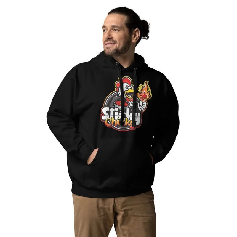Man wearing a black Sticky Chikky pullover hoodie with the brand mascot logo on the chest, white background